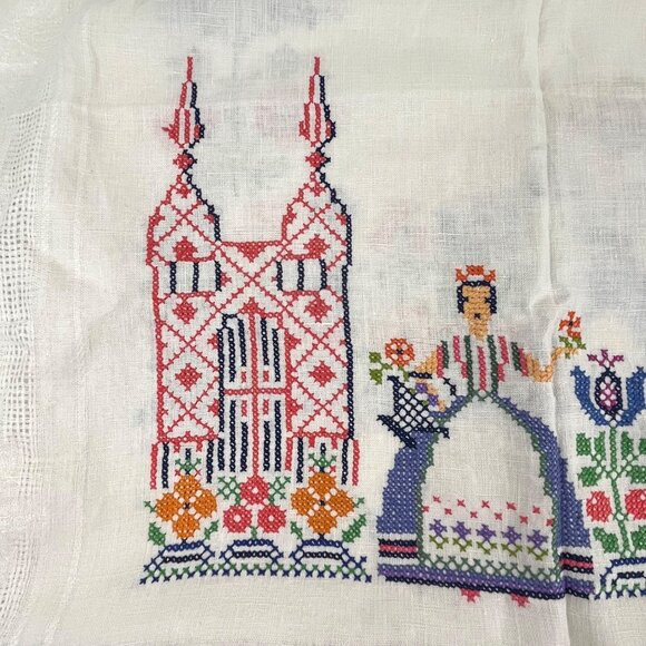 Vintage Folk-Art Cross Stitch Embroidered Linen Tablecloth & Napkins 68" x 50" - Picture 7 of 16